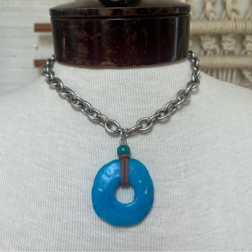 Handmade up cycled chain with vintage retro resin/acrylic circular aqua pendant